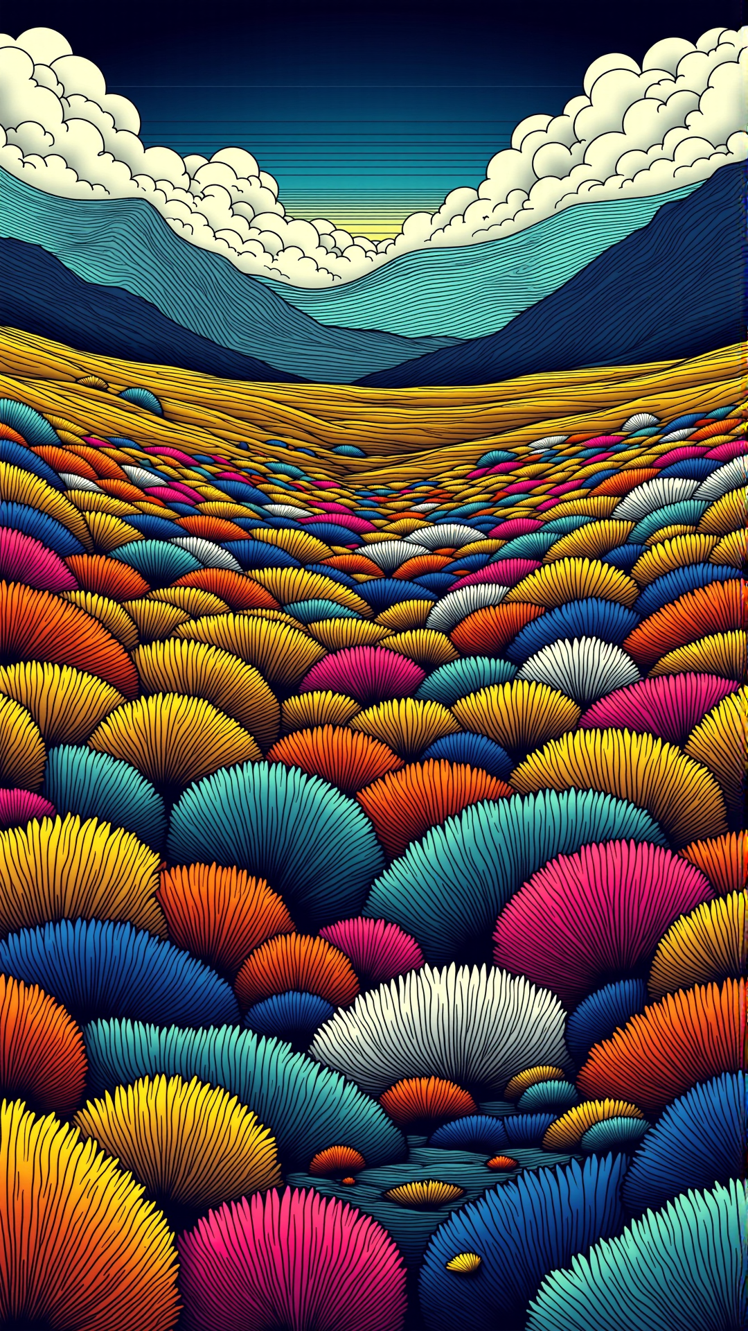 lineart, colorful, golden gorse bushes covering a heathland with yellow flowers<lora:NoctichromeFlux:1>