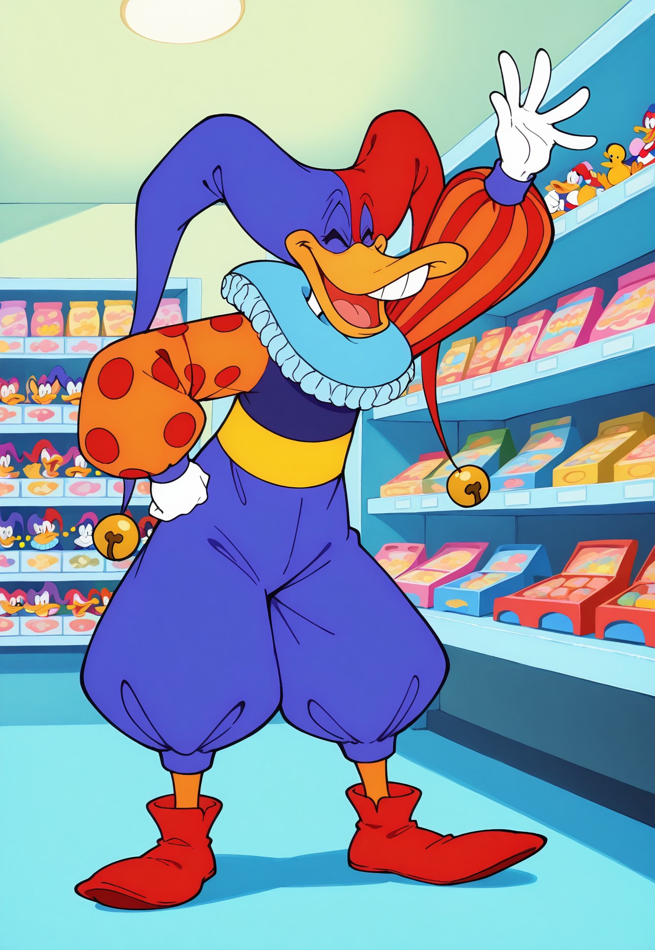 safe_pos, score_9, score_8_up, score_7_up, 1boy, solo, Quackerjack, furry, duck, jester cap, two-tone hat, hat bell, ruff, long puffy sleeves, mismatched sleeves, blue pants, orange legs, red shoes, pointy footwear, laughing, toy store setting, dynamic pose,