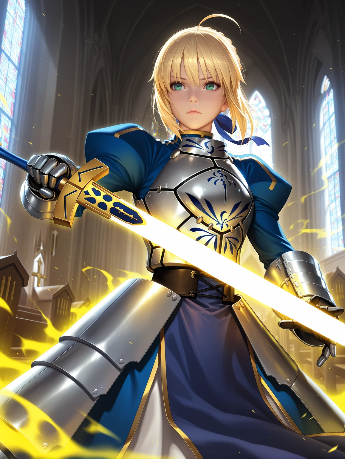 realistic,japanese girl,
1girl, saber, fate_(series), blonde_hair, green_eyes, armor, holding weapon, sword, yellow aura, church, holding glowing sword,
,masterpiece,best quality,