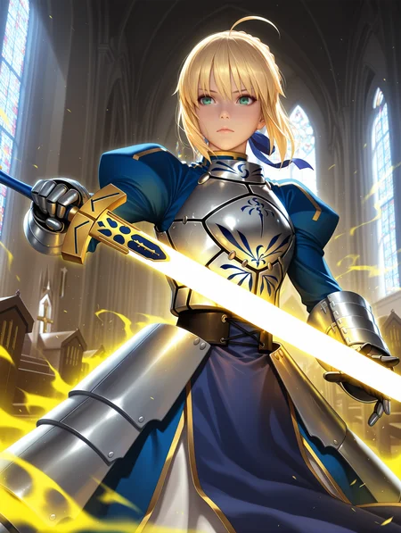 realistic,japanese girl,
1girl, saber, fate_(series), blonde_hair, green_eyes, armor, holding weapon, sword, yellow aura, church, holding glowing sword,
,masterpiece,best quality,