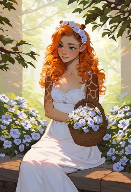 score_9, score_8_up, score_7_up, score_6_up, 
1girl, solo, french maid, giraffe features, green eyes, petite body type, small breasts, light tan skin with dark brown spots, cute smile, long hair, curly hair, orange hair with white streaks, simple maid dress with floral embroidery, lace headband, sitting cross-legged on a stone bench, forest clearing, holding a woven basket of flowers, golden sunlight, birds chirping, serene atmosphere.