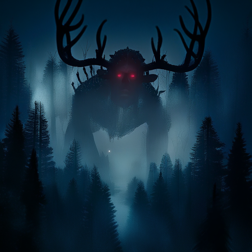 source_anime, source_game, score_9, score_7_up, (CR33P1NGF0G, fog), the_witcher_(series), fog, dark, night, haze, no_humans, scenery, forest, antlers, monster, red eyes, glowing, detailed, the_witcher_3 , detailed background,