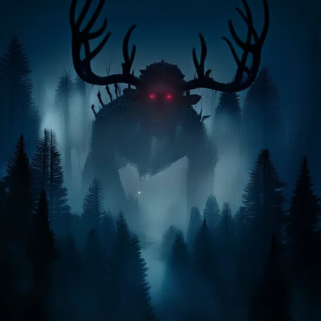 source_anime, source_game, score_9, score_7_up, (CR33P1NGF0G, fog), the_witcher_(series), fog, dark, night, haze, no_humans, scenery, forest, antlers, monster, red eyes, glowing, detailed, the_witcher_3 , detailed background,