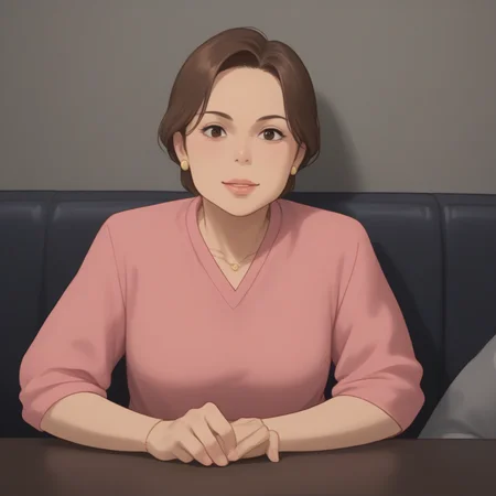 score_9, score_8_up, score_7_up, best quality,, source_anime,  BREAK
solo,1girl, mother pink shirts, brown hair,<lora:chihiro_parents:1>