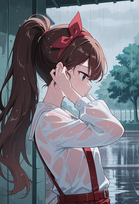 <lora:ruirui_ill_v1.0:1>,ruirui,brown hair,long hair,ponytail,long hair,
hair bow,white shirt,red suspenders,long sleeves,
1girl,solo,
upper body,adjusting hair,from side,
outdoors,park,facing ahead,rain,rooftop,
sweat,wet clothes,, textless version,