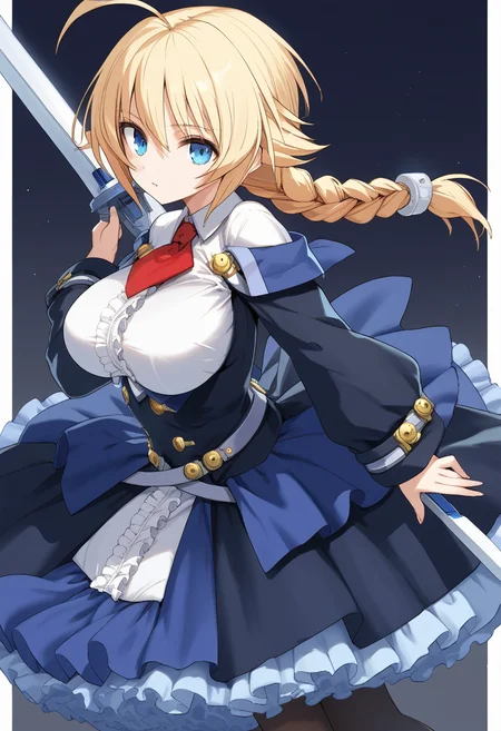 score_9, score_8_up, score_7_up, source_anime BREAK 1girl, solo, <lora:bb_es:1>, bb_es, holding sword, huge weapon, blue dress, frilled skirt, petticoat, red necktie, long sleeves, multiple belts, large breasts, black pantyhose, ahoge, blonde hair, bangs, braided ponytail, blue eyes, looking at you