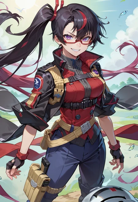 score_9, score_7_up, source_anime, BREAK  <lora:Taiki Dendro:0.9> taiki, art,, solo, smug smile, 
1girl, purple eyes, red-framed eyewear, black hair, red colored tips, red streaked hair, very long hair, side ponytail, tied hair, medium breasts, red colored tips,, jacket on shoulders,red dress, sleeves rolled up, fingerless gloves, holster, belt, multiple belts, combat boots, bulletproof vest, pants, black coat, tactical clothes,