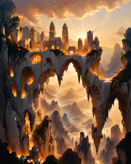 fantasy city floating in the sky, shapely white marble towers, cliffs, mountains, viewed from underneath, chiaroscuro, golden hour, <lora:add-detail-xl:0.8>, <lora:xl_more_art-full_v1:0.5>, <lora:XSfenlie:1> fenliexl