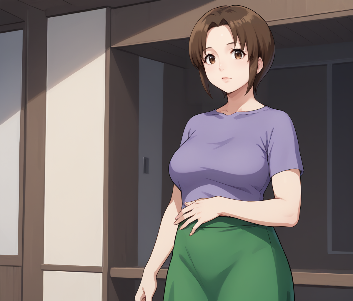 score_9, score_8, score_7, cowboy shot, solo, standing, 1girl, <lora:Haruka_Hikari_PXL:1>, haruka_hikari, purple shirt,short sleeves, green skirt, mature female