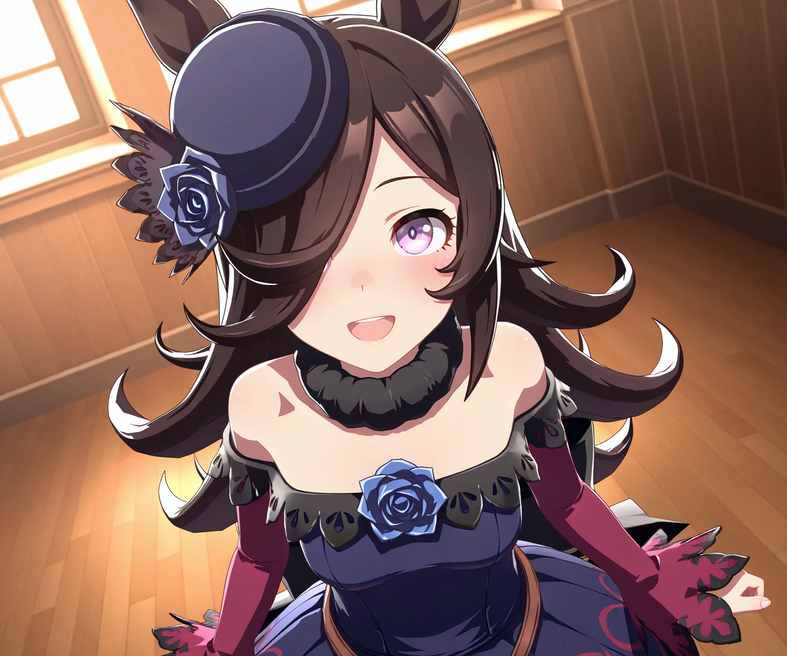 masterpiece, best quality, amazing quality, , 1girl, solo, looking at viewer,  smile, open mouth, <lora:Rice Shower in game style 3D ILL-v2:1> ummsmingame, 3d, rice shower \(umamusume\),