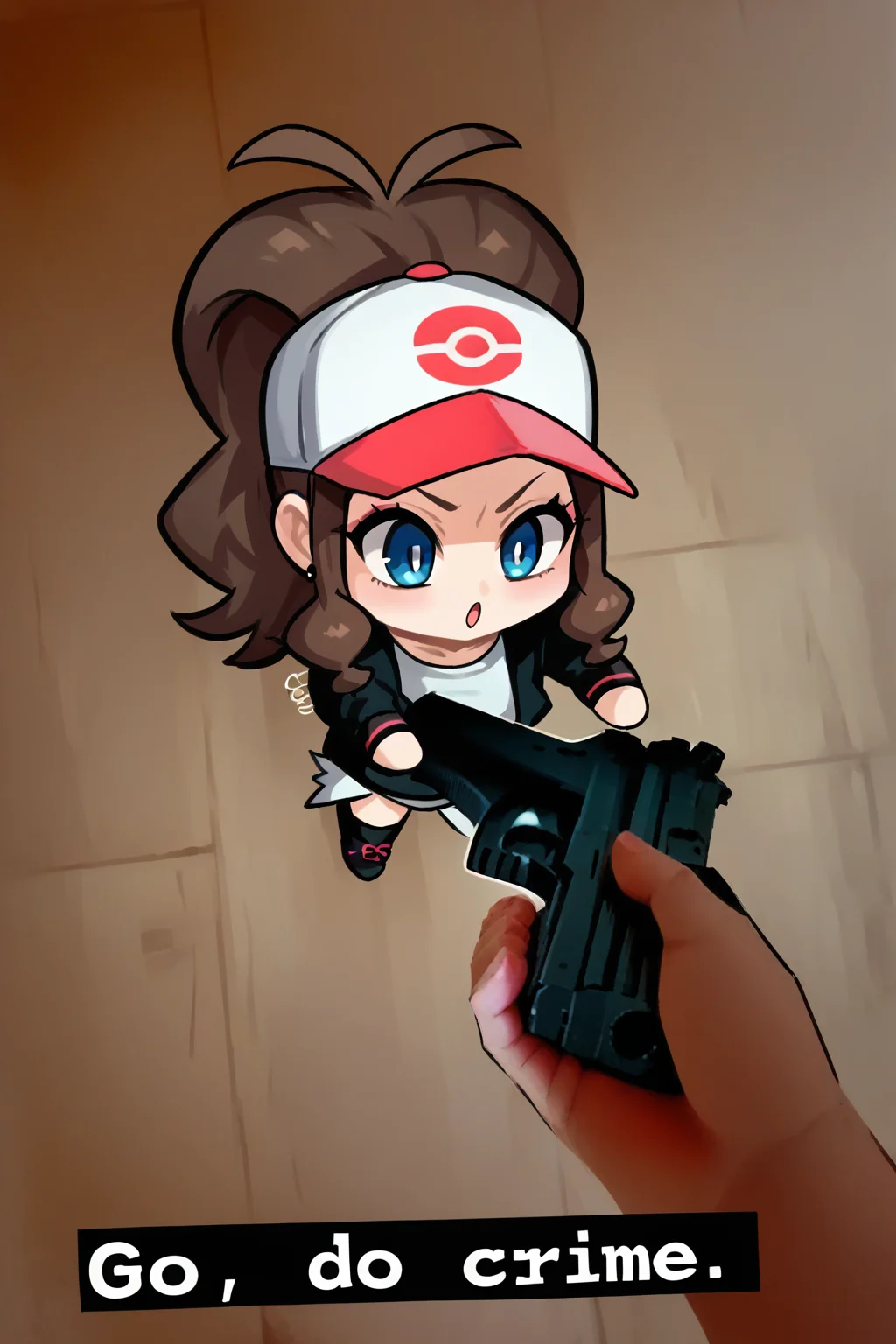 zPDXL, <lora:Concept_Go_do_a_crime_meme:1>, 1girl, GODOACRIME, go do a crime (meme), english text, gun, hilda (pokemon), chibi
