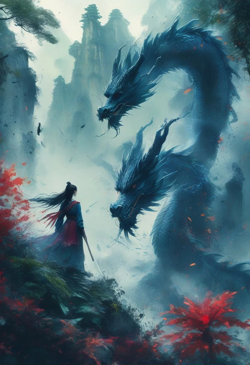 A colorful ink sketchA, A cinematic scene of the damsel standing in a clearing, facing the dragon that roars above her with fire flickering from its mouth. The jungle is alive with glowing flora, and the ruins around them hint at an ancient power. The damsel holds her ground, her expression fierce. High contrast, silver tones, hyper-realistic details capturing the scales of the dragon and the beauty of the jungle. 4K resolution