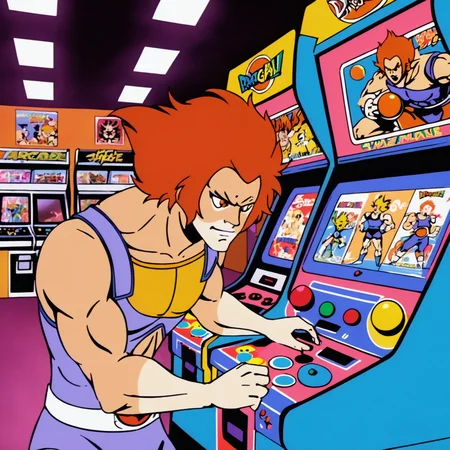 Lion-O man playing arcade inside a retro arcade store, vibrant neon colors, videogame posters, anime, dragon ball style<lora:Lion-O-v1-000003:0.7>