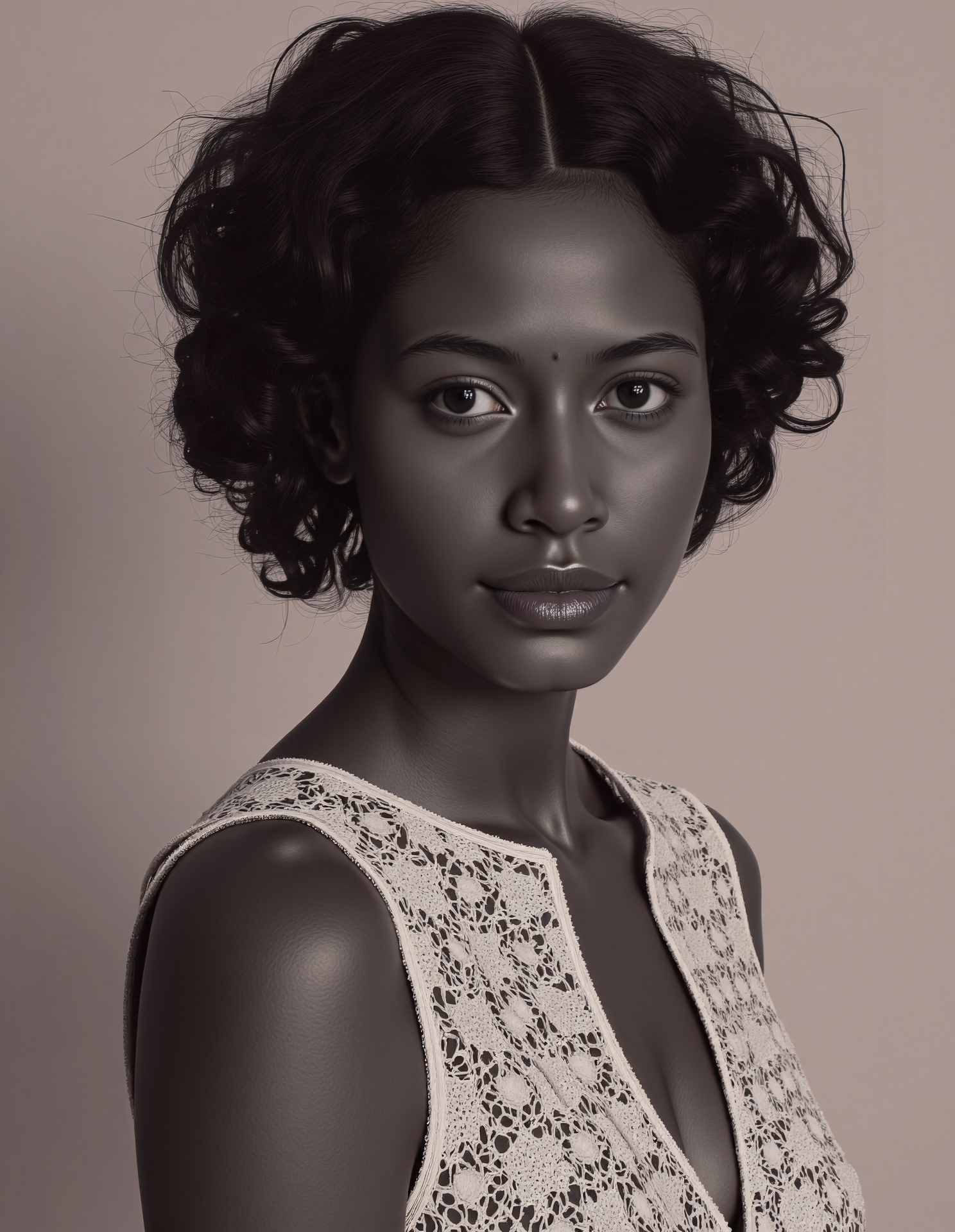 black and white photo of d351 naak woman with an upturned nose, hyper realistic photo that is safe for work,  studio quality image with natural colors, well dressed wearing intricate sleeveless Aubergine Palazzo Suit, hair styled as  curls,muted pastel shaded multicolored background that contrasts with the person, cinematic lighting,ââ   <lora:d351 naak-Indian Upturned Nose-Flux-V1:1>âââ