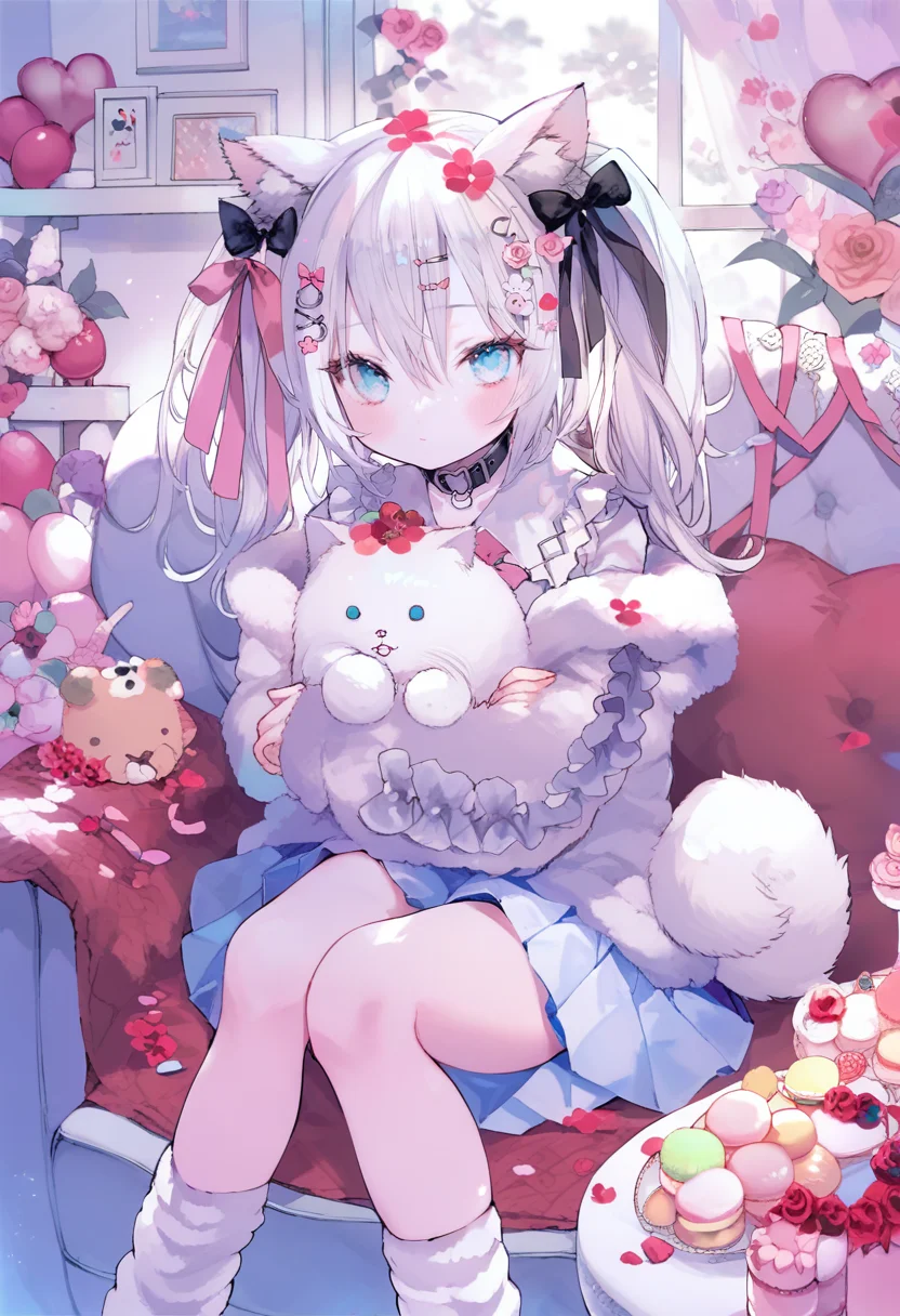 score_9, score_8_up, score_7_up, score_6_up, <lora:oninekoXL_TPN55_lokr_V43P1:0.95>   1girl, animal ears, blue eyes, hair ornament, white hair, skirt, food, looking at viewer, solo, sitting, collar, long hair, flower, window, socks, indoors, pleated skirt, hairclip, long sleeves, bow, tail, blush, shirt, hair bow, cat ears, stuffed toy, animal ear fluff, closed mouth, macaron, pink flower, ribbon, hair between eyes, holding, heart, rose, white socks, twintails, balloon, white skirt, petals, loose socks, couch, frills, hair ribbon, curtains, jacket