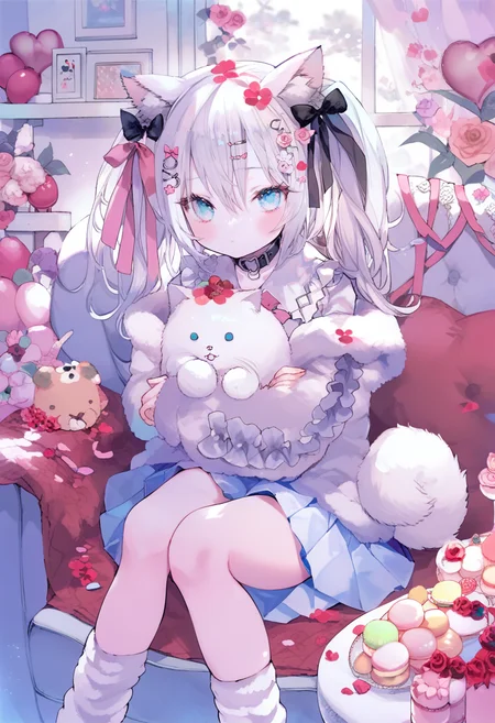 score_9, score_8_up, score_7_up, score_6_up, <lora:oninekoXL_TPN55_lokr_V43P1:0.95> 1girl, animal ears, blue eyes, hair ornament, white hair, skirt, food, looking at viewer, solo, sitting, collar, long hair, flower, window, socks, indoors, pleated skirt, hairclip, long sleeves, bow, tail, blush, shirt, hair bow, cat ears, stuffed toy, animal ear fluff, closed mouth, macaron, pink flower, ribbon, hair between eyes, holding, heart, rose, white socks, twintails, balloon, white skirt, petals, loose socks, couch, frills, hair ribbon, curtains, jacket