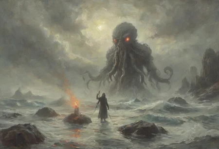 a dark foreboding scene, a colossal ancient creature emerging from the depths of the sea, the creature has a massive tentacled form with glowing red eyes casting an eerie light, a lone figure holds up a red torch standing on the rocky shore, its light barely illuminating the surroundings, The atmosphere is heavy with tension the sea crashing violently against the rocks, the creature's immense size dwarfing the solitary human, lone figure against the ancient, otherworldly beast, color palette is dark, deep blacks and greys, high contrast, <lora:MJ52:0.5>, <lora:add-detail-xl:1>, <lora:ral-ertmsphr:0.5> ral-ertmsphr, cthulhu,
oil painting