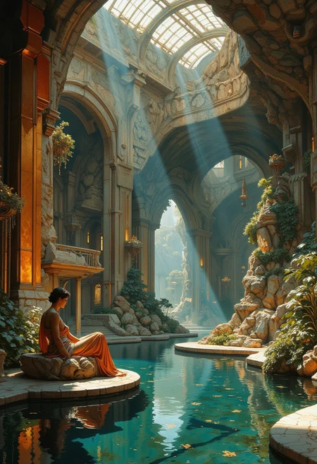 Cyberpunk concept art. Medium shot. Cyberpunk goddess in long art deco dress lounges in front of temple pool. Sunlight falls through the skylights. Painterly. Soft brushstrokes, intricate art nouveau line work, golden accents. Ambient lighting with complementary colors, turquoise and orange hues. Deep shadows, misty atmosphere. 8k resolution, cinematic film still, futuristic architecture, sci-fi illustration, avant-garde, digital art, high contrast, vibrant colors.