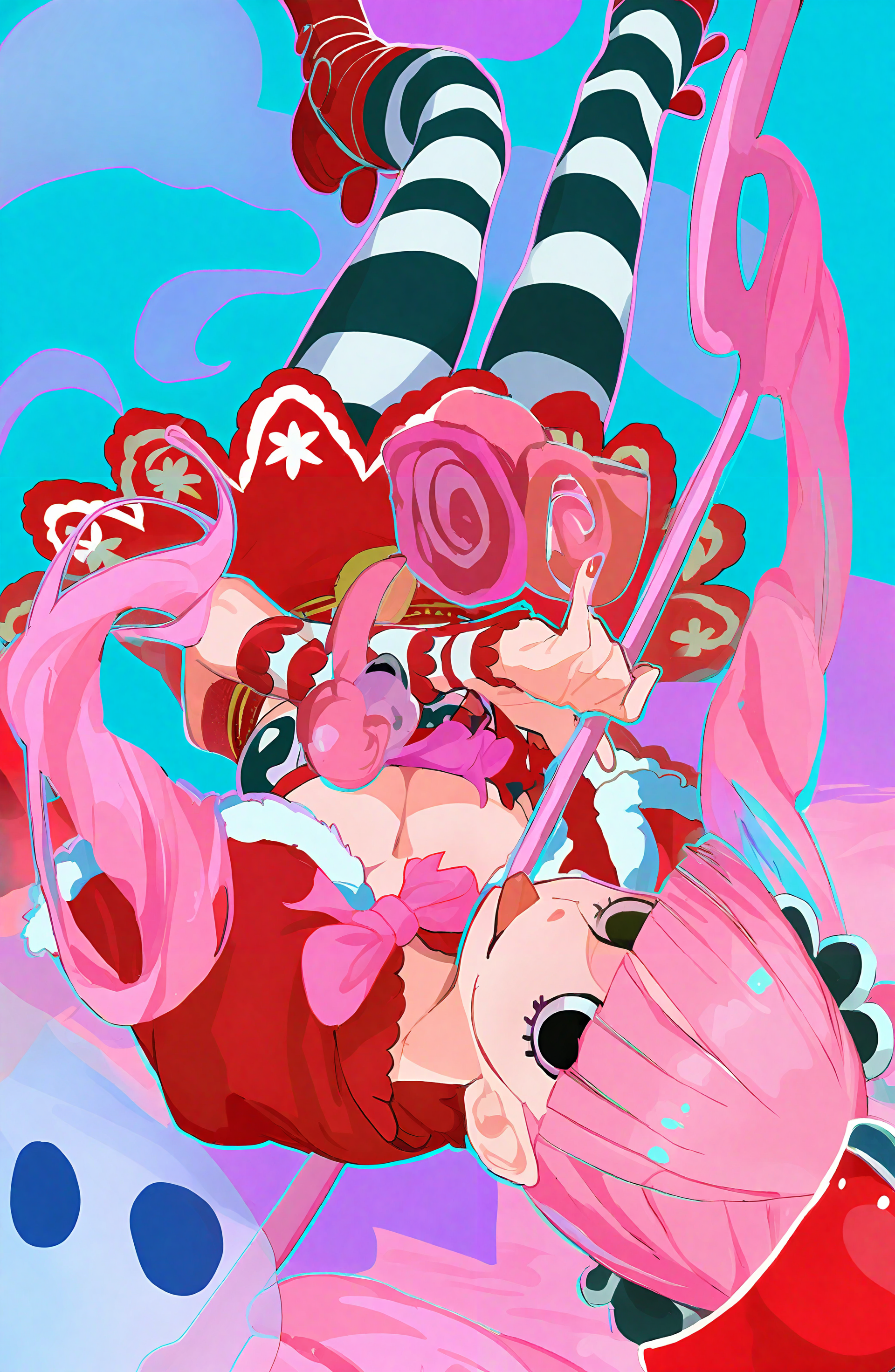 perona, 1girl, solo, long_hair, looking_at_viewer, dress, holding, twintails, pink_hair, pantyhose, tongue, blunt_bangs, tongue_out, striped_clothes, crop_top, crown, ghost, striped_pantyhose