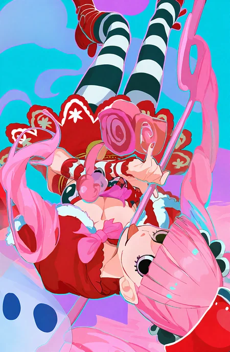 perona, 1girl, solo, long_hair, looking_at_viewer, dress, holding, twintails, pink_hair, pantyhose, tongue, blunt_bangs, tongue_out, striped_clothes, crop_top, crown, ghost, striped_pantyhose