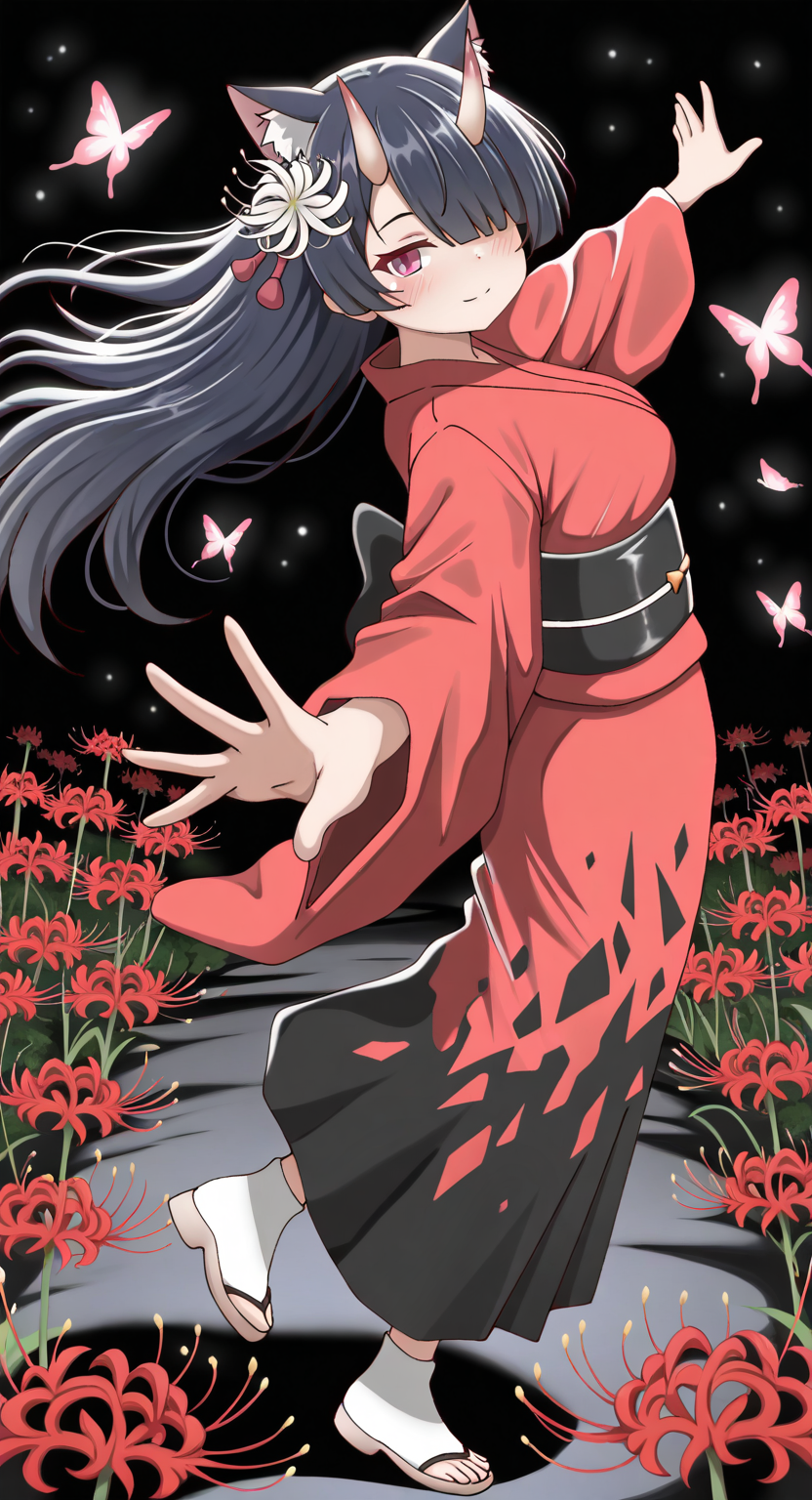 masterpiece, cute, lovely, newest, absurdres, (best quality:1.3), amazing quality, very aesthetic, 1girl, solo, high_resolution, hq, 4k, BREAK. high gradient eyes, very cute, light particles, cute details, cute colors, (Poa_Mellhen_Style), oni, oni horns, dark blue hair, straight hair, blunt bangs, pink eyes, slit pupils, (big breasts:0.6), naughty face, smug, BREAK, animal ears, portrait, cat ears, expressionless, floating hair, hair flower, japanese clothes, kimono, Butterfly, shoes, toeless footwear, yukata, looking at viewer, looking to the side, outstretched arms, outstretched hand, reaching, spread arms, flower, spider lily, solo, glitch, black background, from side, foreshortening, full body, closed mouth, digital dissolve, pixelated, one eye covered, reaching towards viewer, red flower, red kimono, white flower, white footwear, intricate details, vivid colors, smooth shading, dynamic lighting, professional illustration, soft gradients, balanced composition, elegant pose, high-resolution, sharp focus, 8k, hdr, crisp lines, perfect lighting, sharp eyes, detailed eyes, highly detailed