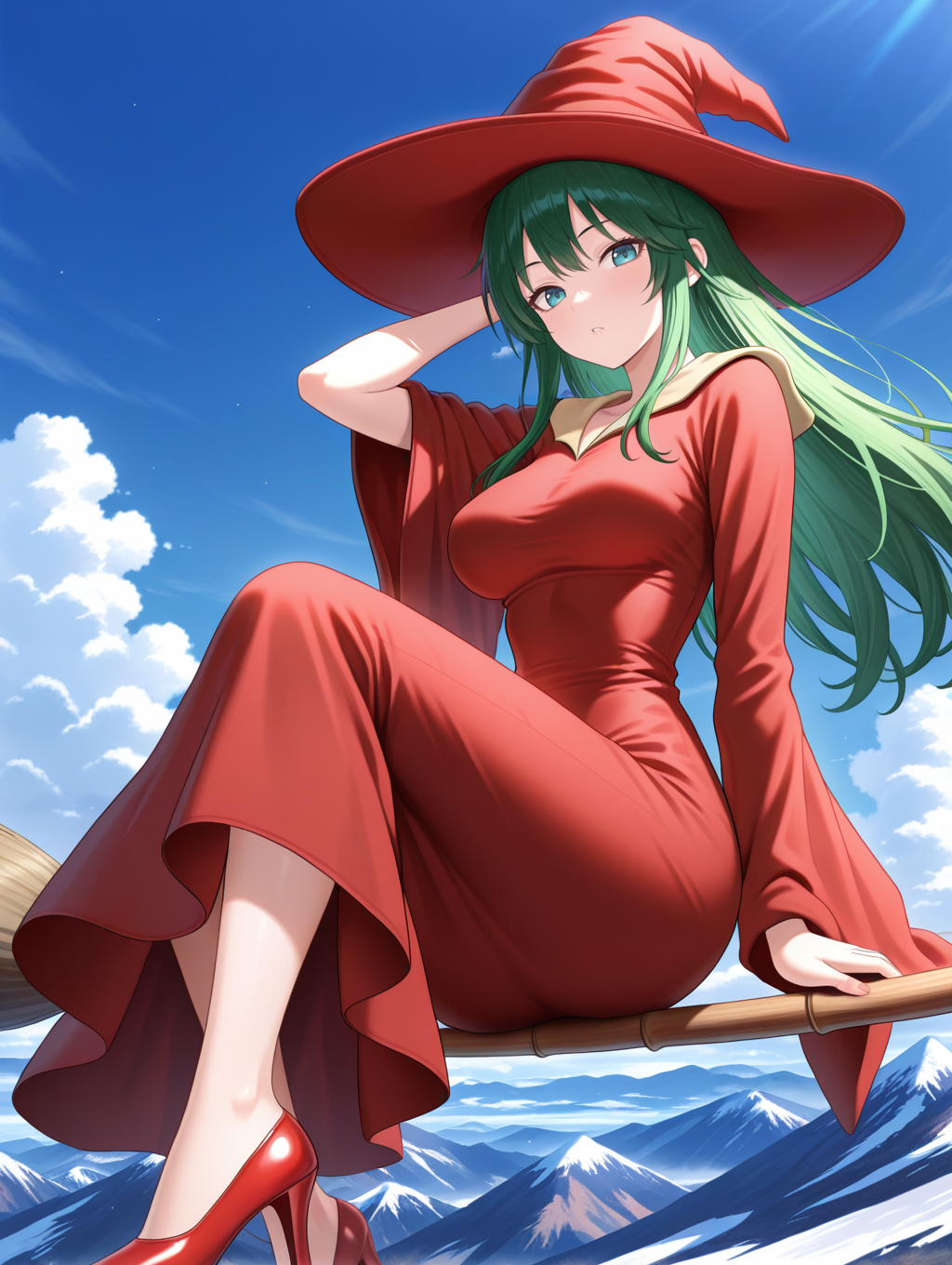mystical sand,1girl,solo,broom,broom riding,sidesaddle,blue sky,arm behind head,sitting,mountain,cloud,red high heels,red witch hat,red long dress,medium breasts,blue sky,looking at viewer,
masterpiece,best quality,amazing quality,very aesthetic,absurdres,newest,<lora:Mystical Sand illuXL v1:0.77>,
