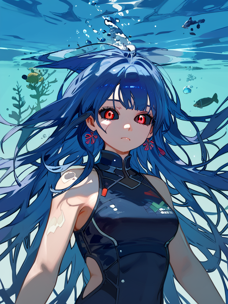 PDXL, <lora:KukkaV2:1>, kukk4, volumetric reflections, volumetric shadows, HDR, shot on Canon DSLR,
1girl, cute face, detailed eyes, very long blue hair, black sclera, red eyes, swimming underwater