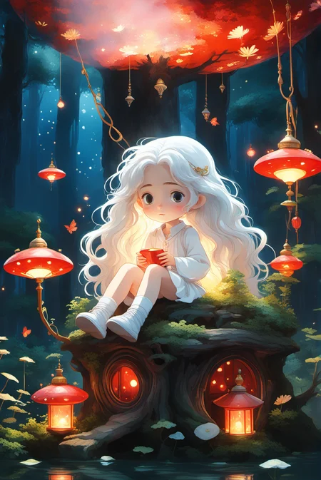 Studio Ghibli,1girl,long hair,white clothes,white hair,curly hair,Isolated on white background,light watercolor,bright,few details,sunlight,<lora:xl_more_art-full_v1:0.8>,
intricate linework,bright colors,behance contest winner,vanitas,angular,altermodern,unreal engine 5 highly rendered,global illumination,radiant light,detailed and intricate environment,soft focus,
mystical palace surrounded by a vast,shimmering lake.,red theme,fireflies,solo,cloudy sky,dark,no humans,night,tree stump,night,signature,garden,sunbeam,, (((masterpiece))),(((best quality))),((ultra-detailed))