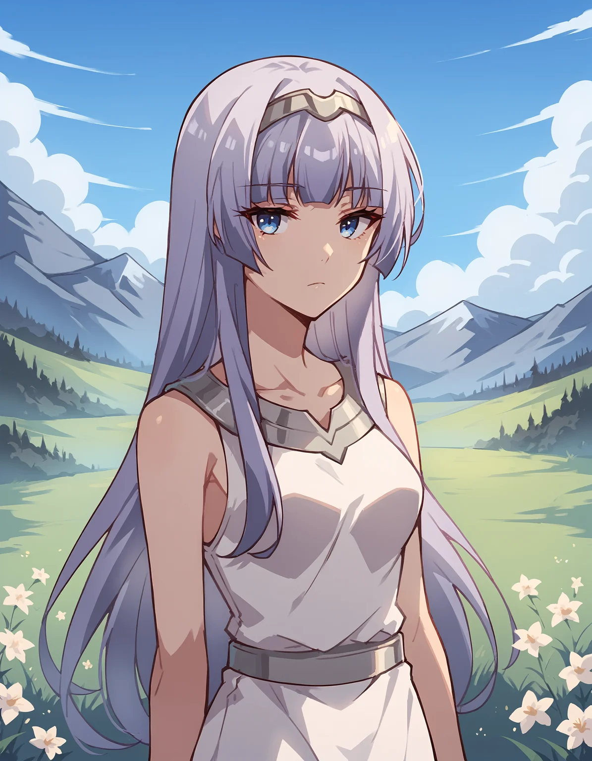 score_9, score_8_up, score_7_up, score_6_up, score_5_up, score_4_up, (melfina:1), light purple hair, blue eyes, expressionless, white sleeveless dress, silver hairband BREAK outdoors, mountain, day, sky, flower, mountainous horizon, blue sky, grass <lora:Smooth Anime Style LoRA XL:1> <lora:melfina-ponyxl-1-000008:0.7>