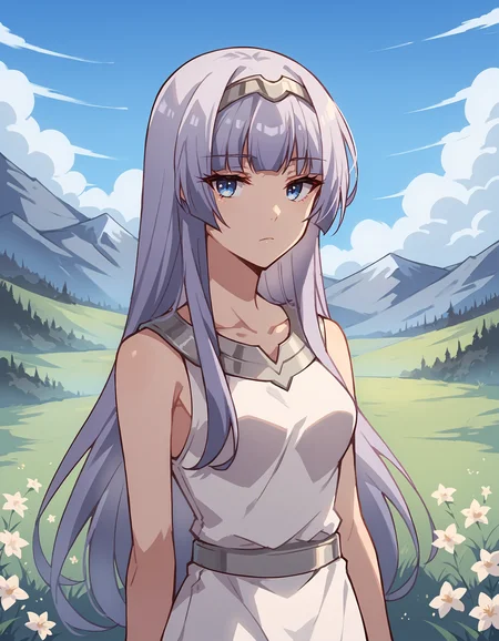 score_9, score_8_up, score_7_up, score_6_up, score_5_up, score_4_up, (melfina:1), light purple hair, blue eyes, expressionless, white sleeveless dress, silver hairband BREAK outdoors, mountain, day, sky, flower, mountainous horizon, blue sky, grass <lora:Smooth Anime Style LoRA XL:1> <lora:melfina-ponyxl-1-000008:0.7>