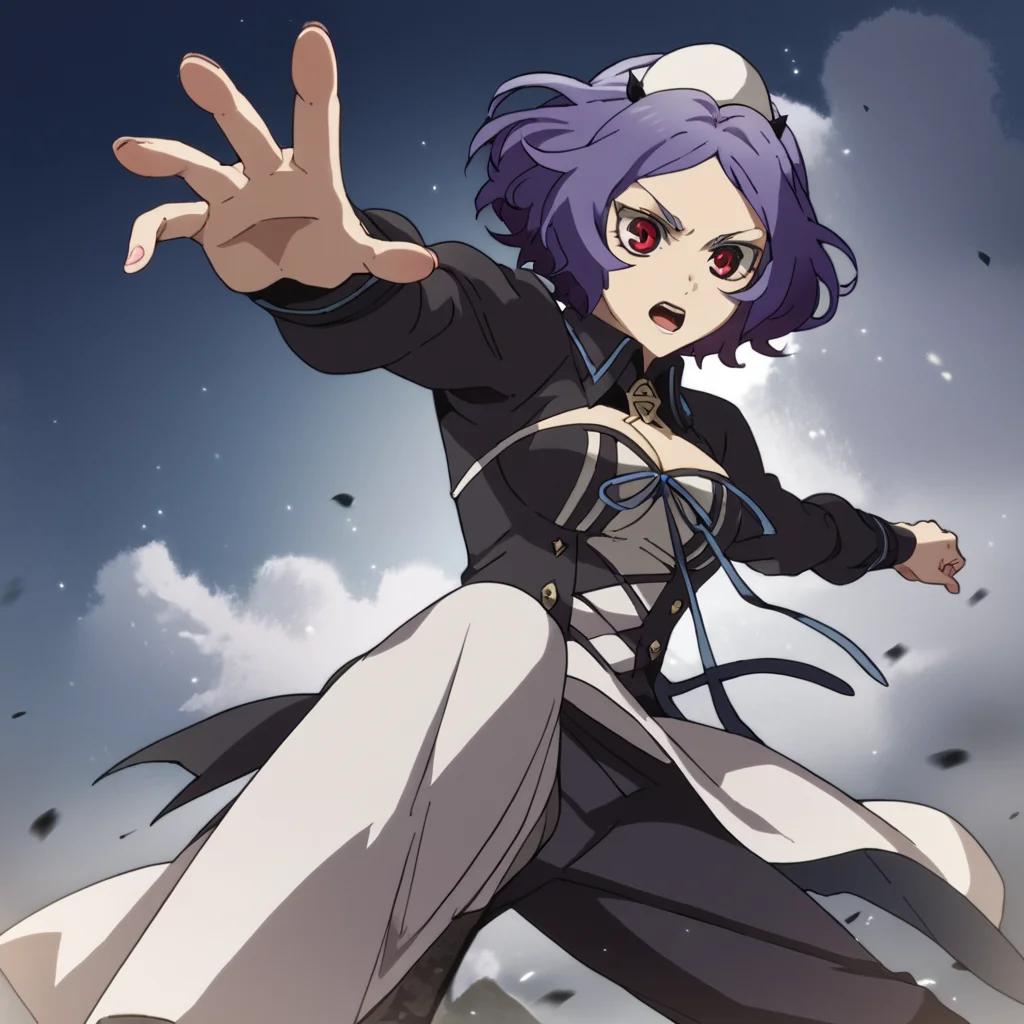 score_9, score_8_up, score_7_up, score_6_up, score_5_up, score_4_up, source_anime, ChessBelle, short hair, red eyes, purple hair, , action pose