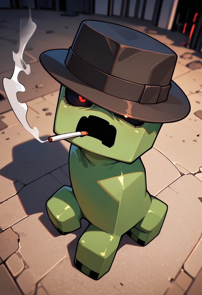 masterpiece, best quality, amazing quality, very aesthetic, absurdres, newest, , detailed background, 
 movie scene, cinematic scene, cinematic, foreground blur, depth of field, 
crpr, no humans, full body, pokemon (creature), open mouth, black sclera, black mouth, green skin
fedora, cigarette in mouth, smoke, fedora hat, fedora covering one eye, red pupil, detective office, black fedora, from above, hat over one eye, angry,