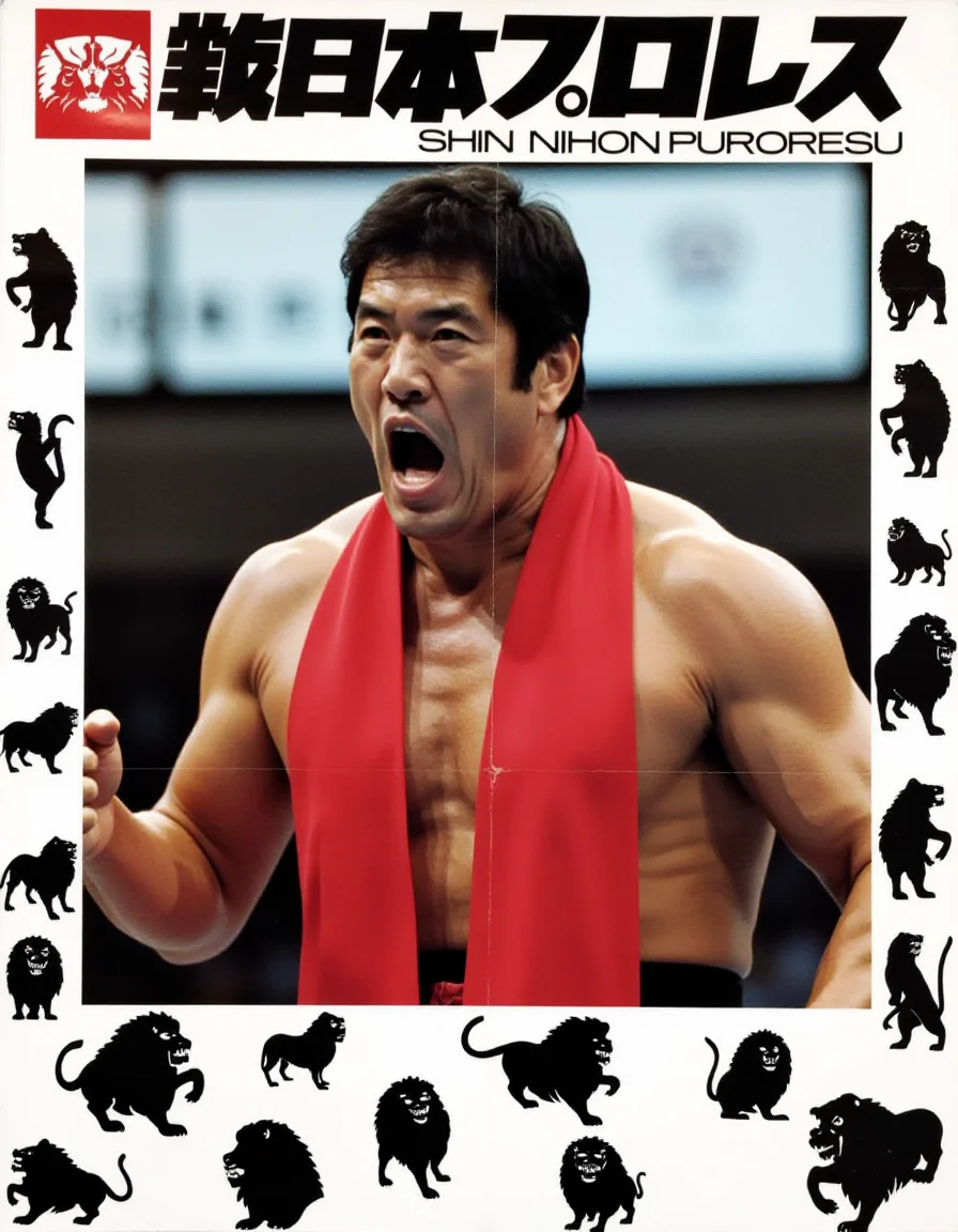 wrestling poster with brandmark and Japanese writing for "SHIN NIHON PURORESU" at the top. The central focus is a large image of chiseled-jaw Antonio Inoki with a red scarf draped around his neck yelling. The background has small black silhouettes of lion manes pattern.