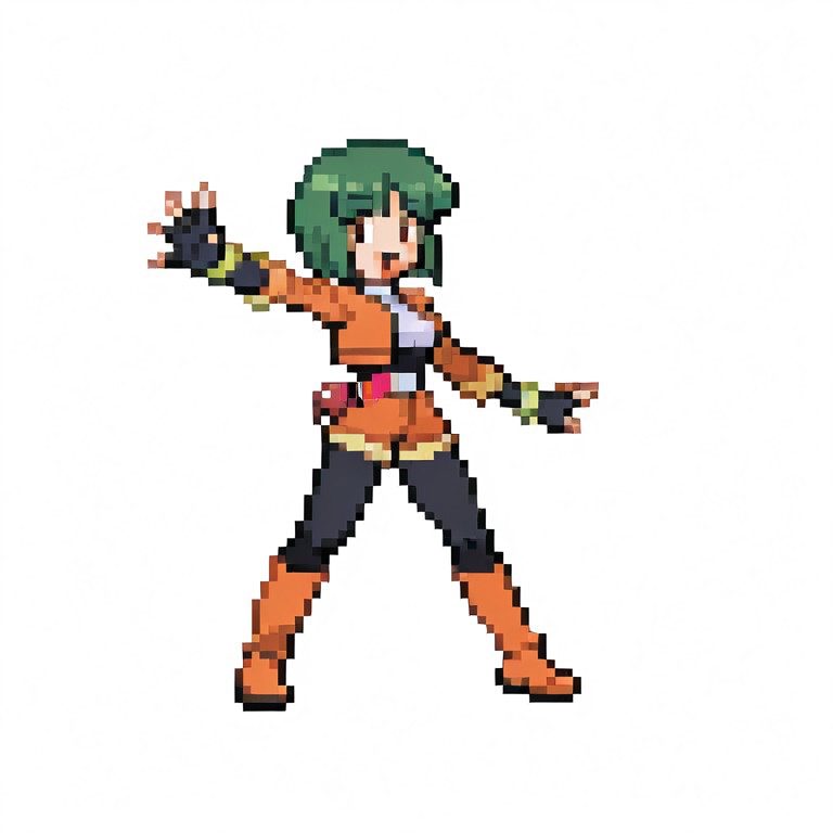 1girl, 
solo, full body, standing, 
rangerrhonda, 
rhondaoutfit, 
green hair, brown eyes, 
breasts, boots, 
outstretched arm, 
smile, open mouth
