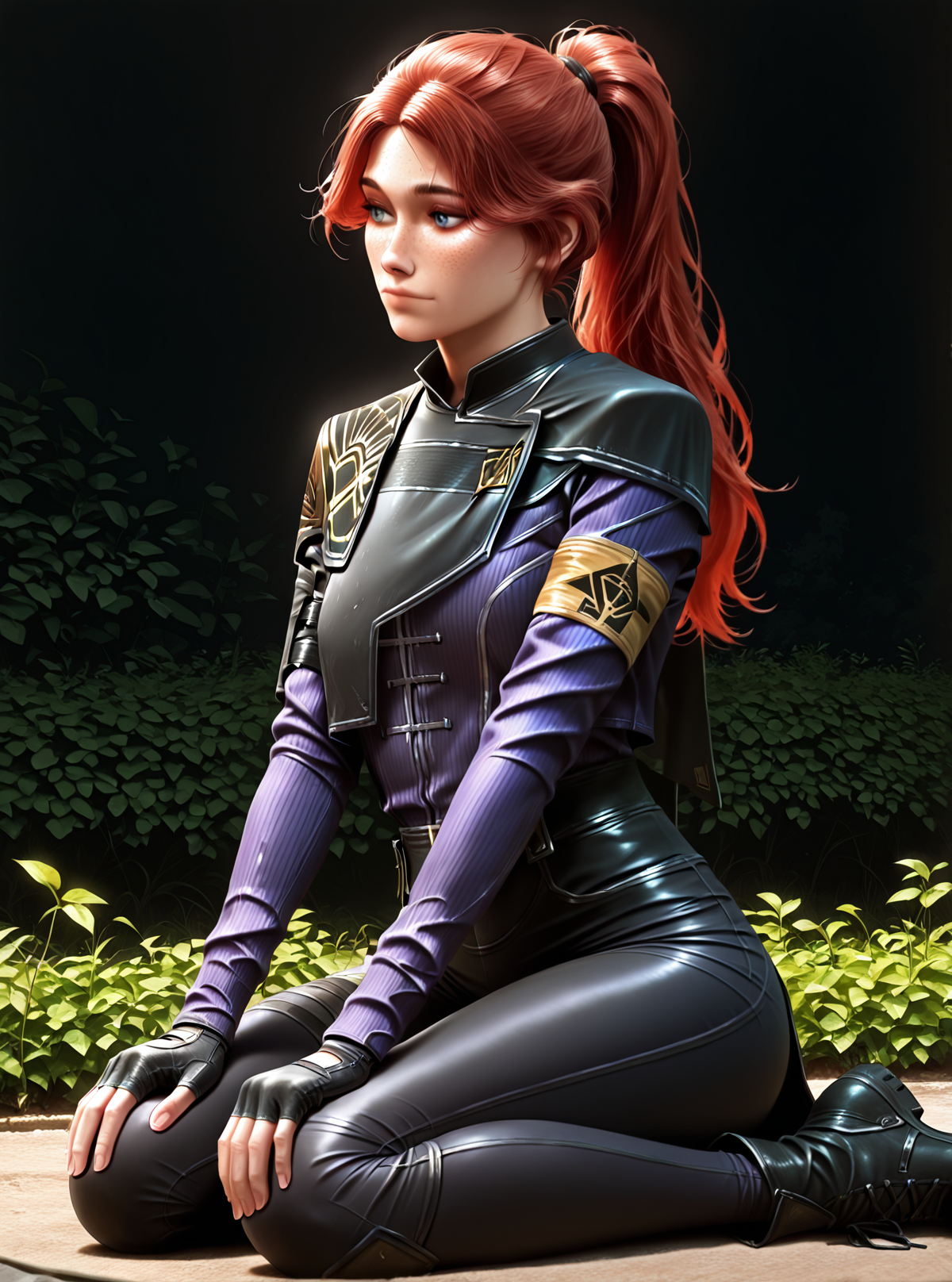 <lora:Maelle__Clair_Obscur_Expedition_33__Illustrious:1>
1 girl, solo, freckles, blue eyes, high cheekbones, narrow jaw, realistic face, long hair, red hair, high ponytail, parted bangs, messy strands,
dark bodysuit, black and purple outfit, long sleeves, gold shoulder armor, shoulder embroidery, geometric patterns, layered outfit, tight pants, tactical straps, fingerless gloves, glowing armband, sci-fi uniform, expedition insignia, 
score_9, score_8_up, score_7_up, masterpiece, best quality, absurdres, perfect anatomy, 1girl, solo, wariza, sitting, hands on own knees, garden background