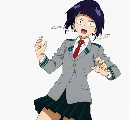 sharp focus, pixiv masterpiece, source_anime, best quality, high res, absurd res, anime_screencap, BREAK
<lora:Kyoka_Jiro_MHA_IL_v49:1> kyokajiro, 1girl, solo, purple_hair, short_hair, black_eyes, bangs, earlobes, earphone_plugs, green_epaulettes, ua_school_uniform_jacket, green_skirt, red_tie, cowboy shot, white background, simple background, standing, looking at viewer, open mouth, surprised