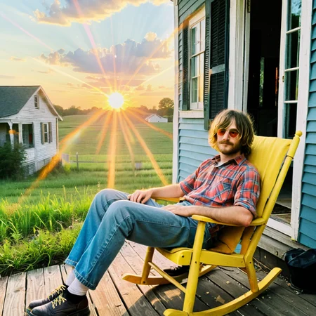 <lora:Psychedelic Vibes - Trigger with Psychvibes Artstyle:1> in the year 2020 sitting on the porch of his cottage that was buit in 1788. Rocking chair, broken stereo equipment, lens flare in a sunset hour scene.tv, lens flare. , psychvibes artstyle
