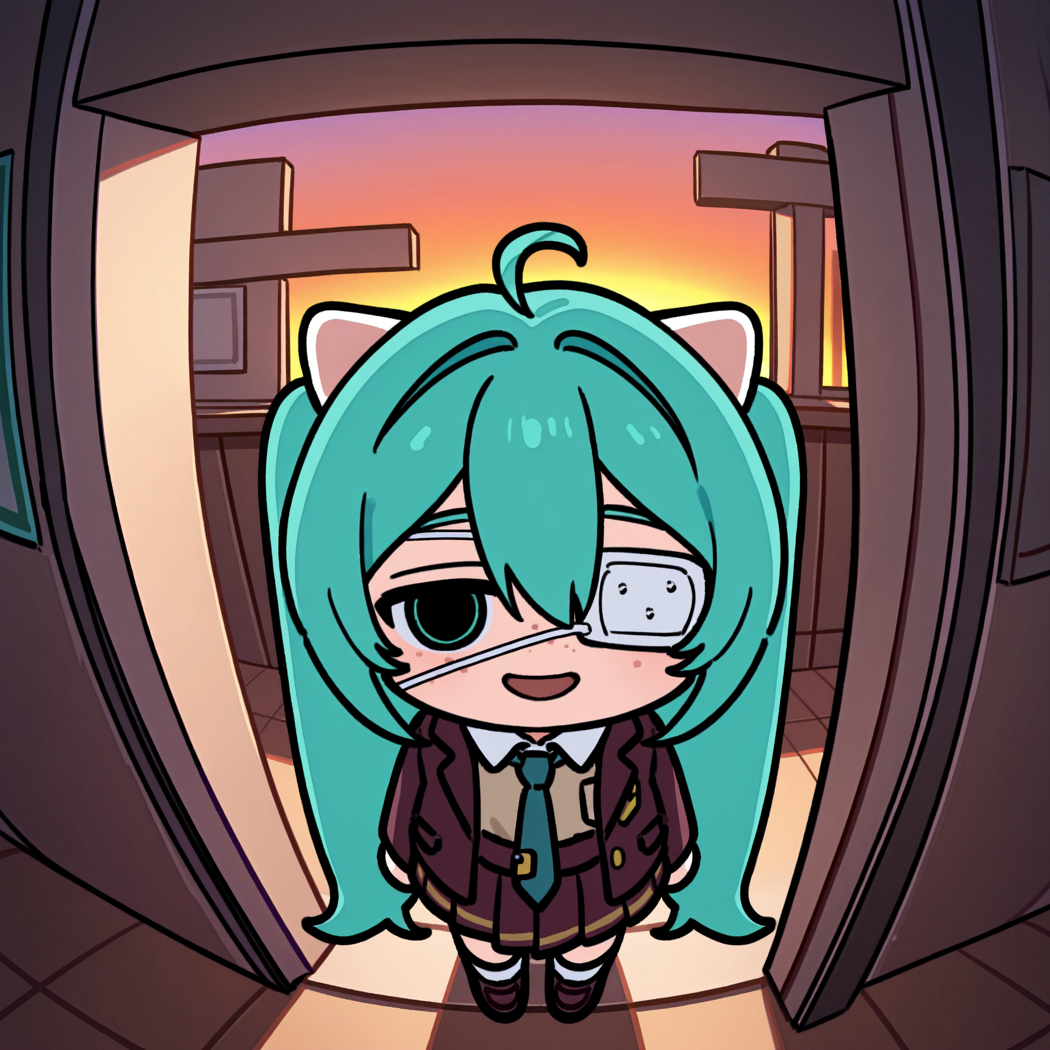 1girl, hatsune miku, hmmonitoring, very long hair, twintails, bangs, hair between eyes, medical eyepatch, freckles, school uniform, collared shirt, necktie, jacket, open jacket, long sleeves, pleated skirt, loafers, socks, 
(chibi:1.05), meme, ahoge, animal ears, half-closed eyes, holding leek, open mouth, evil smile, 
abstract background, indoors, open door, (from above:0.9), sunset, 
rating safe, gomya, 
masterpiece, best quality, amazing quality, highres, newest,  <lora:gomya:1.0> <lora:mikumonitoring_dyn095_rank16:1.0>