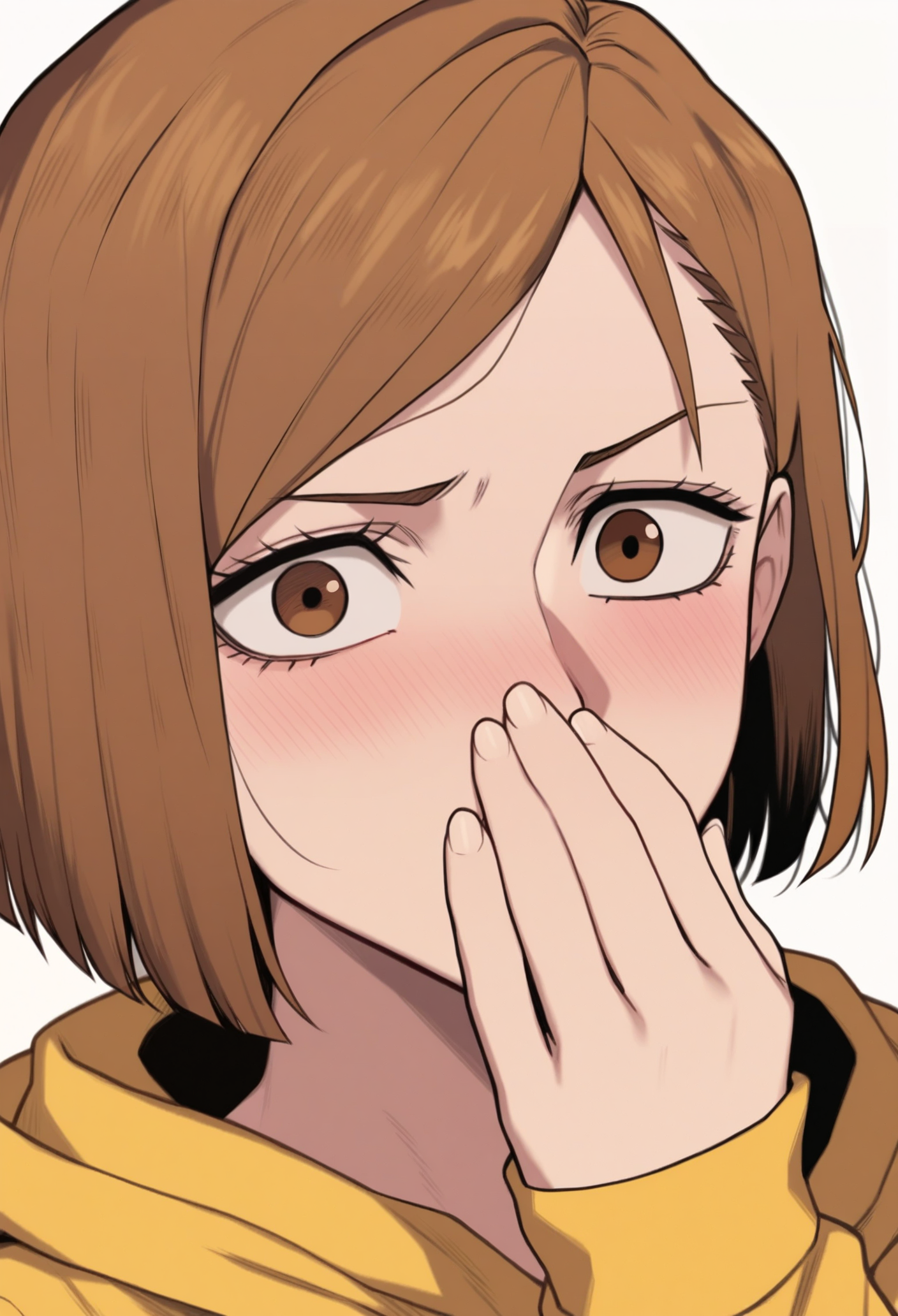 1girl, solo, kugisaki nobara, yellow hoodie, portrait, white background, blush, hand over own mouth, looking at viewer, surprised, 
masterpiece, best quality, <lora:nt00-guy90-Illust-LoraV1:1>, 00ttnn