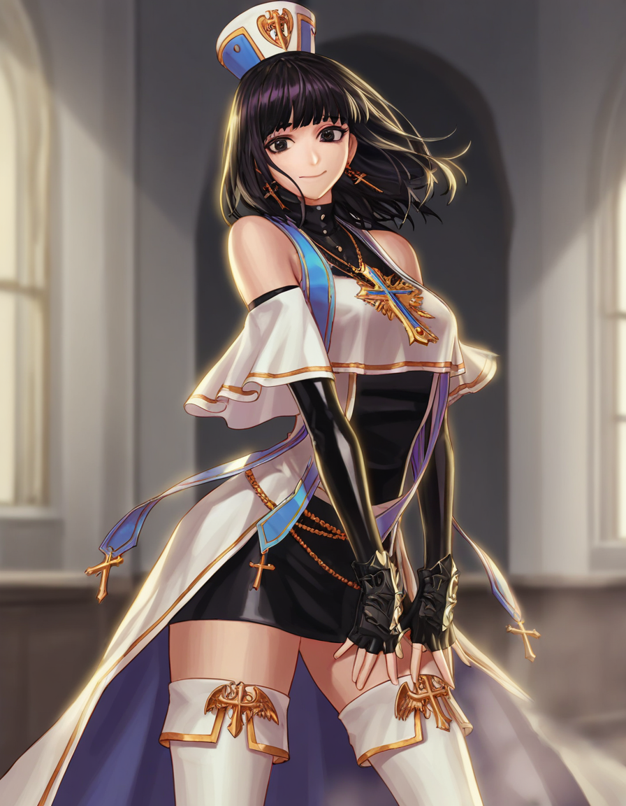 masterpiece,best quality,1girl,STANDING,cowboy shot,black eyes,looking at viewer,closed mouth,smile,indoors,<lora:nmpix___simulate:0.8:LBW=KEEPCHAR>,yjnaima1,hat,MEDIUM hair,messy hair,black hair,bangs,blunt bangs,jewelry,earrings,cross,breasts,dress,black skirt,pencil skirt,WHITE coat,black gloves,fingerless gloves,elbow gloves,detached sleeves,short sleeves,bare shoulders,white thighhighs,high heels,