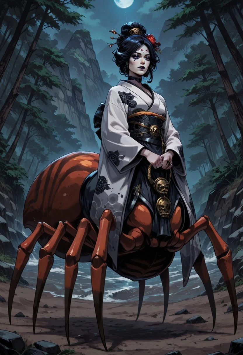 masterpiece, best quality, newest, absurdres, highres, PaintedComic-V5.0, HadesCharacterArtstyle-IL-V1.0, 1girl, asian, kimono, goth, goth makeup, goth girl, white kimono, monster girl, female drider, arthropod girl, spider, spider lower body, human upper body, humanoid upper body, taur, centauroid,