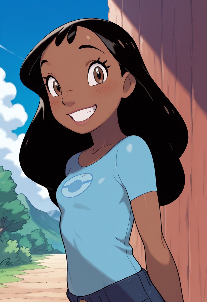 masterpiece, best quality, amazing quality, very aesthetic, absurdres,  newest, detailed background, cowboy shot, 4k, 8k, outdoors, sugimori, jaggy lines,
nanixd, 1girl, solo, smile, dark skin, black hair, dark-skinned female, shirt, long hair, grin, teeth, brown eyes, long eyelashes, blush, upper body mid, looking at viewer