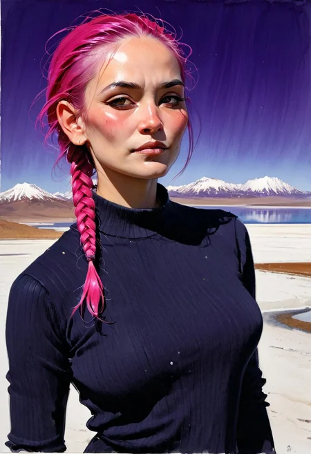 (resplendent highlighting) in the style of casual line and wash sketch, hauntingly beautiful, a drawing of a githyanki woman with tightly braided pink hair, very small nose, (detailed anatomy and defined musculature:1.0) prominent cheekbones, looking at viewer (elated expression:1.2), focus on the face, strong stance (ultraviolet hues:1.0) by Chien Chung Wei, Jaroslava Korol, carson ellis, nixri, Travis Charest, Emile Friant, Adam Hughes with bill sienkiewicz and marilyn minter influence, high-contrast lighting, rough details, dark-black sweater, backdrop of salt flats and mono lake, aidmamj6.1, 3xpr3sgg0th1cn30n1nc4s3, ExpresHGothicNeonIncaseUOC, ExpresHGothicNeonIncase