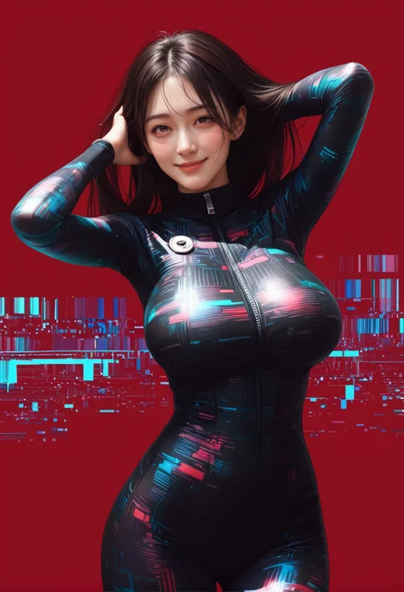 1girl,cowboy shot,red background,,ruanyi1047,bodysuit,glitch,abstract,hands in hair,<lora:1047 bodysuit_v1_pony:1>, score_9, score_8_up, score_7_up, score_6_up, score_9, score_8_up, score_7_up, score_6_up source_anime, blush, 1girl, seduce smile, perfect body , natural huge breasts