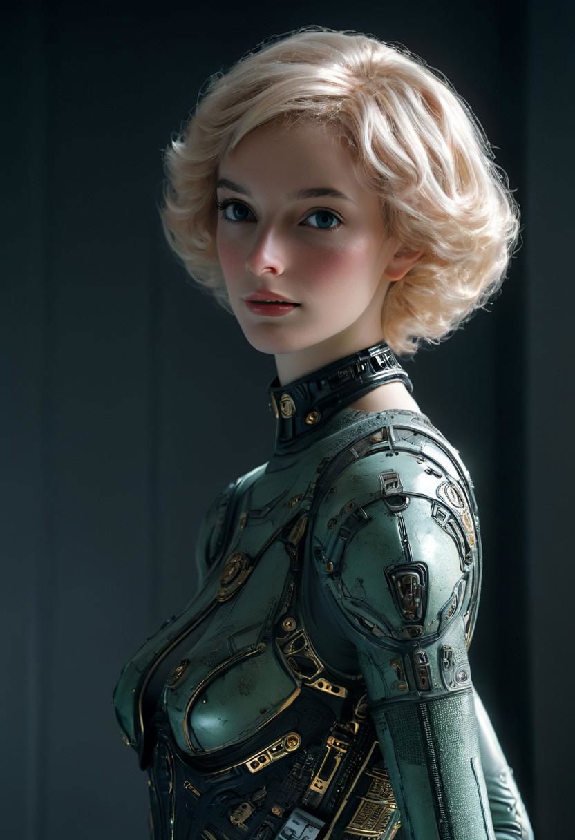 Stylized By Herg: Closeup Portrait, Hyperdetailed awesome Sci-fi Versace Advertisement, dark retro beautiful busty Female Borg, blushed Smile from below, thin face, blushed, Freckles, on the Enterprise in bedroom, very detailed, HD photorealistic, hyper realistic, masterpiece, Explore the somber tones and bleak atmosphere in your depiction, a slender, busty and shy woman in her twenties, living in a picturesque village. Focus on her tousled dark updo, revealing the graceful curve of her neck, Cat like natural eyes framed by freckles. Emphasize her quiet smiling and unassuming nature as she navigates the village with a sense of timidity. Dress her in earthy tones that complement her connection to the natural world.