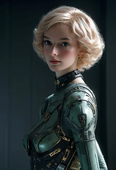 Stylized By Herg: Closeup Portrait, Hyperdetailed awesome Sci-fi Versace Advertisement, dark retro beautiful busty Female Borg, blushed Smile from below, thin face, blushed, Freckles, on the Enterprise in bedroom, very detailed, HD photorealistic, hyper realistic, masterpiece, Explore the somber tones and bleak atmosphere in your depiction, a slender, busty and shy woman in her twenties, living in a picturesque village. Focus on her tousled dark updo, revealing the graceful curve of her neck, Cat like natural eyes framed by freckles. Emphasize her quiet smiling and unassuming nature as she navigates the village with a sense of timidity. Dress her in earthy tones that complement her connection to the natural world.