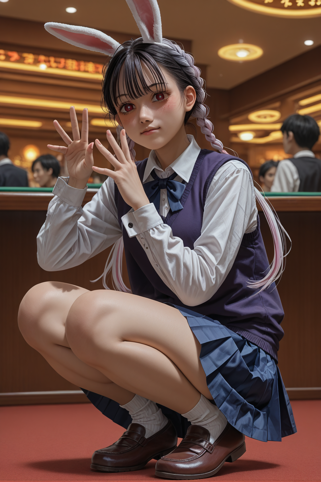 score_9, score_8_up, score_7_up, score_6_up, source_anime, 1girl, solo, 
<lora:Nao_Toramaru:0.6> nao toramaru, black hair, multi colored hair, white braids, bangs, long hair, star pupils, red eyes, schoolgirl outfit, white dress shirt, 1girl, school uniform, skirt, solo, collared shirt, purple vest, blue skirt, brown shoes
, squatting, bunny pose,, looking at you, indoors, casino, blush, hands up, embarrassed, <lora:hand 4:0.5> hand person, solo
<lora:Eyes_High_Definition:0.25> eyeshd ,