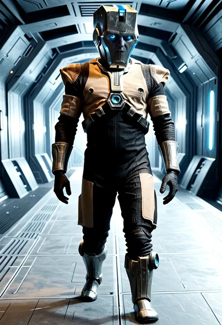 Corpus crewman in a spaceship corridor, science fiction, dramatic shot, male focus, 1boy, male corpus crewman wearing corpus crewman helmet, robot, rectangular helmet, blue light bar on helmet, brown and black corpus crewman suit, (helmet with hard edges, helmet with a flat front face, helmet with hard corners, helmet with blue light strip), black shoulder pad, tubes from metal chest plate, black gloves with silver palms, blue circle near hips, metal bands below fore arm, fit, athletic build, square patch on thigh, holding electric baton,
realistic texture, realism, best quality,
(((Corpus, corpus crewman, Tan and black corpus suit, corpus tileset, Corpus helmet, wearing helmet, wearing corpus helmet,))) moa in the background, two legged robot in the background,