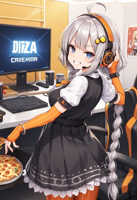 score_9, score_8_up, score_7_up,
<lora:KizunaAkari_MMD_Pony_V1:0.95>blue eyes, grey hair, ahoge, twin braids, braid, very long hair, hair ornament, hair tubes, headphones, headset,
black dress, lace-trimmed dress, short sleeves, puffy sleeves,
orange gloves, striped gloves, elbow gloves, fingerless gloves, bracelet,
orange pantyhose, striped pantyhose,
star print, star (symbol), vertical stripes,
from behind,, look at viewer,, upper body,,
Streamer room, gaming chair, gaming PC, game equipment, controller, TV monitor, PC monitor, headphones, headset, anime poster, game poster,foods, Holding food ,hamburgers, pizza, french fries, junk food,
smile,cowboy shot ,huge brests,
smug, smirk, blush,peace sign,