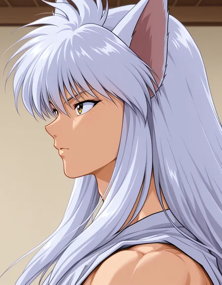 best quality, masterpiece, from side, fox ears, y0k, youko kurama, kurama \(yu yu hakusho\), toned, face focus, portrait, 1boy, solo, sleeveless, yellow eyes, simple background, indoors, <lora:yokokuramaillV1:0.75>